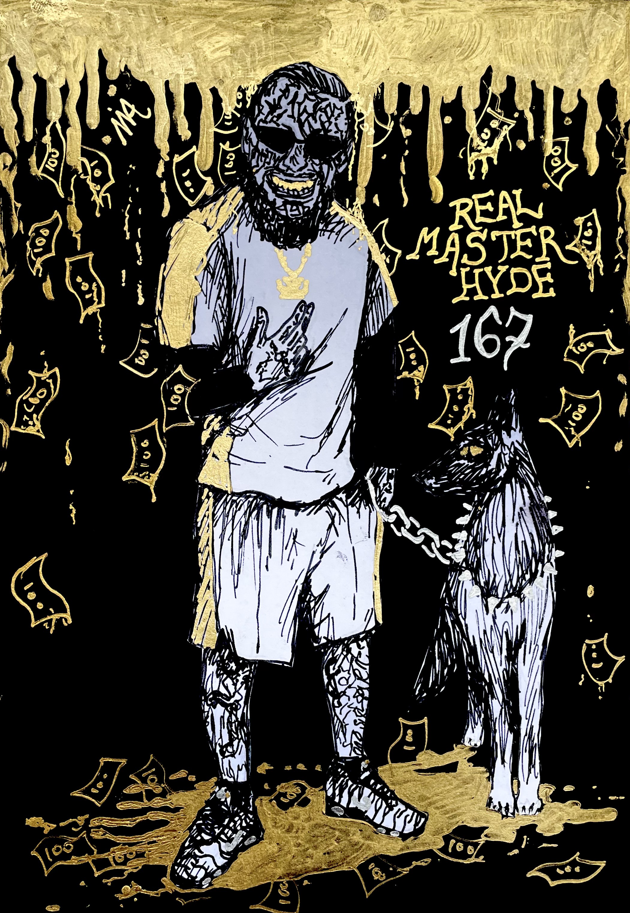 167gang RealMasterHyde black A5 paper with a figure cut out drawn with black pen on white paper, golden & silver accents added