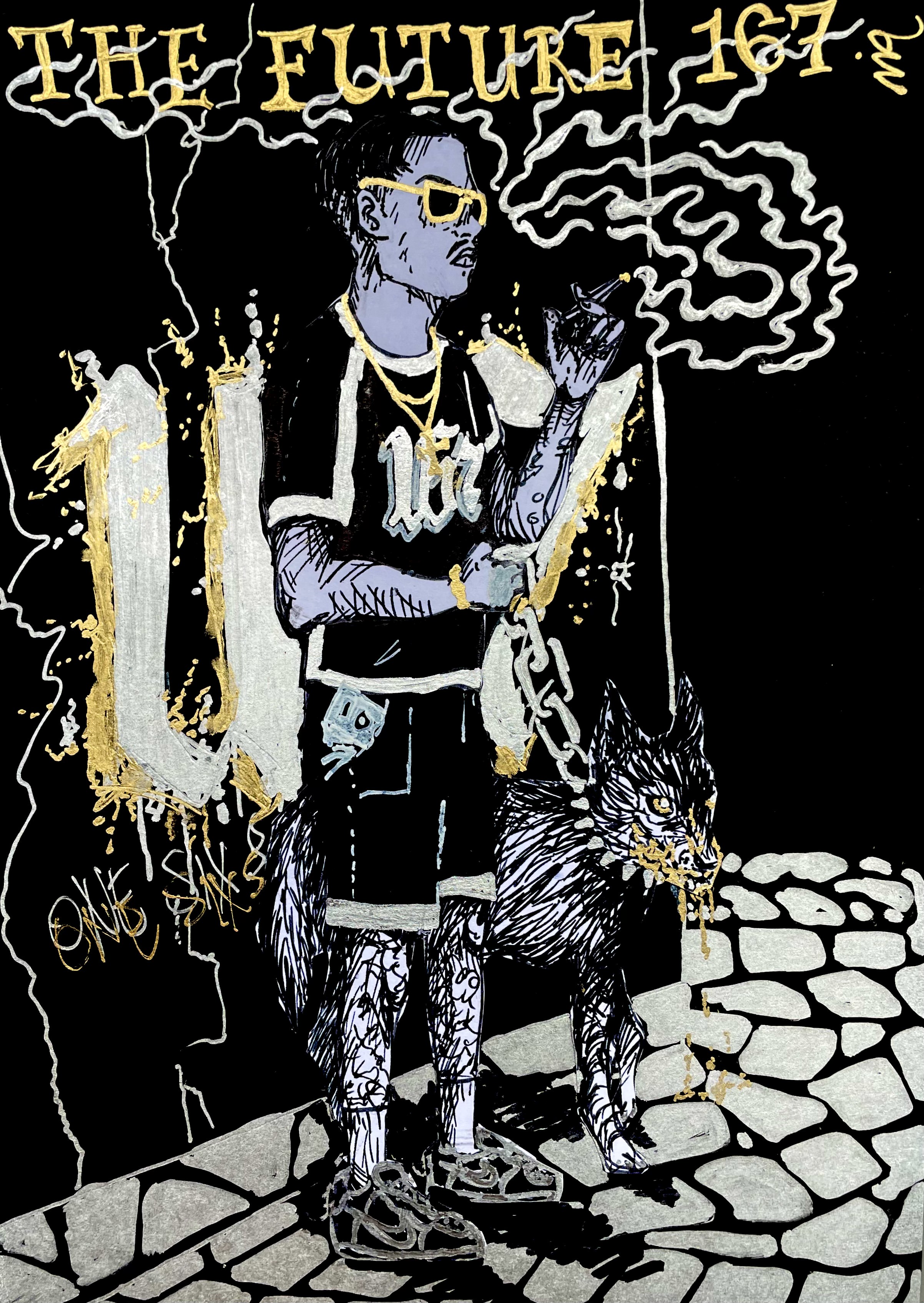 167gang TheFuture black A5 paper with a figure cut out drawn with black pen on white paper, golden & silver accents added