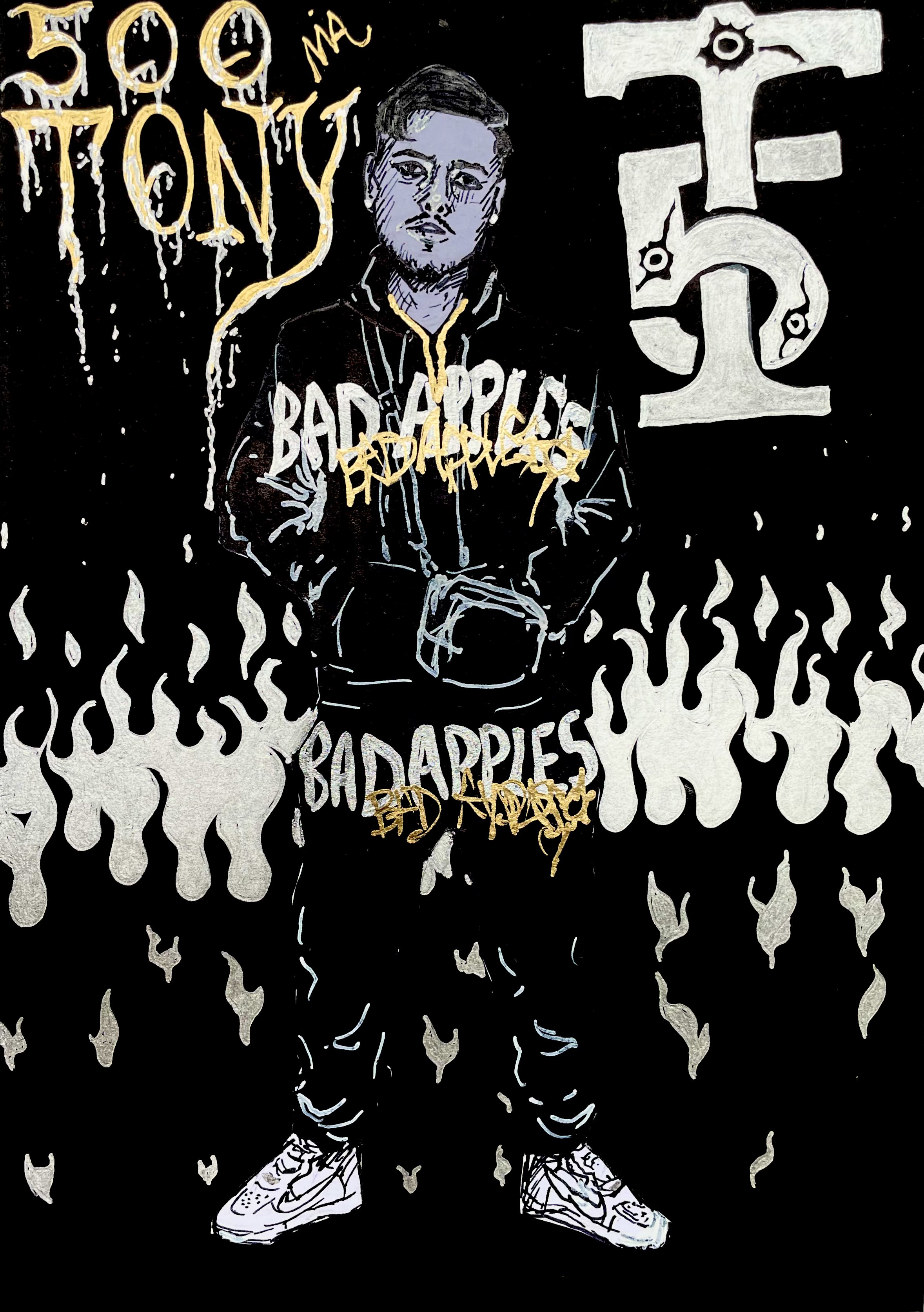 500Tony black A5 paper with a figure cut out drawn with black pen on white paper, golden & silver accents added